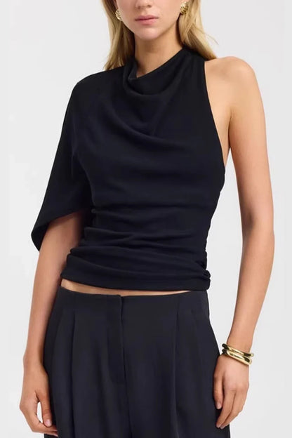 Lumeva - Top negro drapeado con cuello caído